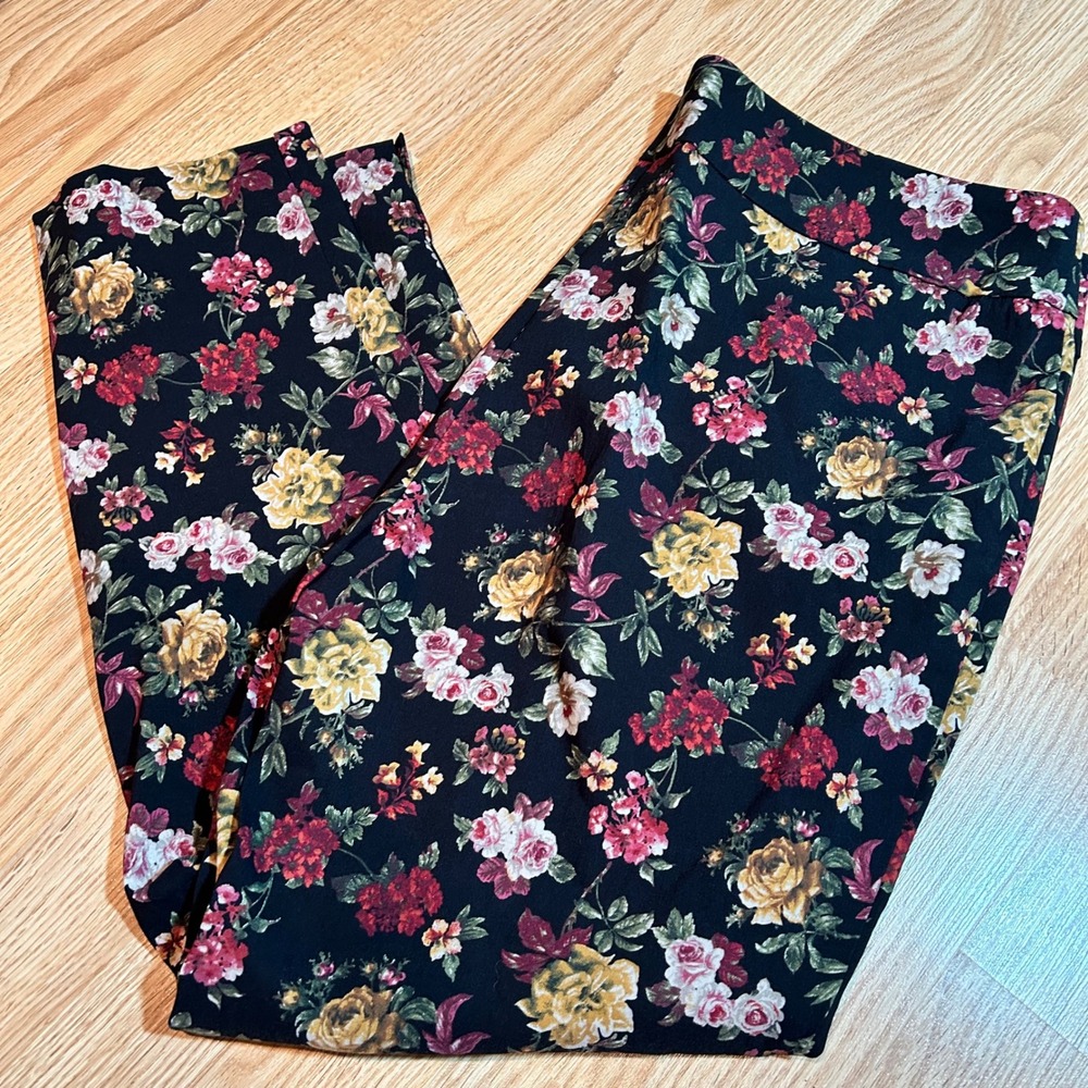 Eric Casual XL Floral Print Pants Black Red Yellow High Waisted‎ Trousers
